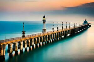 a long exposure photo of a pier with a lighthouse. AI-Generated