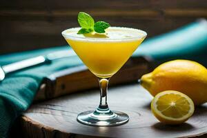 a cocktail with lemon and mint on a wooden table. AI-Generated photo