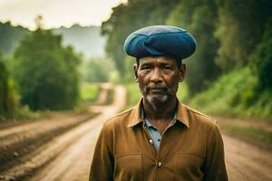 a man wearing a blue hat stands on a dirt road. AI-Generated photo