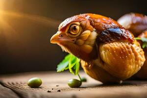 a chicken with green peas on top of a wooden table. AI-Generated photo