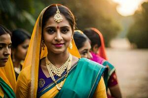 a woman in a sari stands in front of other women. AI-Generated photo