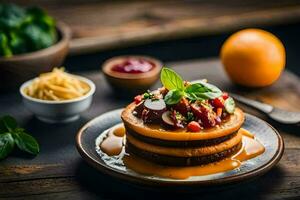 a stack of pancakes with sauce and vegetables. AI-Generated photo