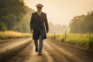 un hombre en un traje y sombrero caminando abajo un suciedad la carretera. generado por ai foto