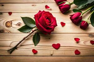 red roses on a wooden table with hearts. AI-Generated photo