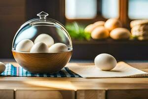 eggs in a glass jar on a wooden table. AI-Generated photo