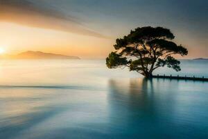 un solitario árbol soportes en el medio de el Oceano a puesta de sol. generado por ai foto