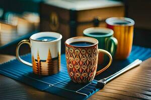 three coffee cups on a tray. AI-Generated photo