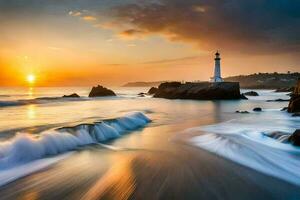 a lighthouse stands on the shore of a beach at sunset. AI-Generated photo