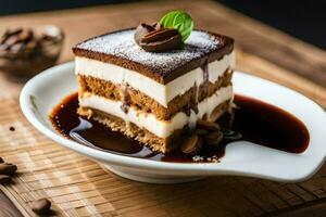 a piece of chocolate cake with caramel sauce on a plate. AI-Generated photo