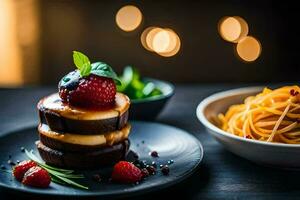 un plato con un chocolate pastel, fresas y un cuenco de pasta. generado por ai foto