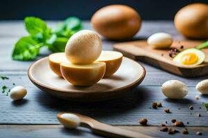 eggs on a wooden plate with herbs and spices. AI-Generated photo
