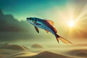 a fish in the desert with the sun setting behind it. AI-Generated photo