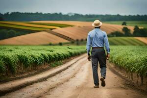 un hombre en un sombrero camina abajo un suciedad la carretera en un maíz campo. generado por ai foto