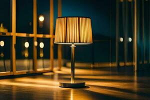 a lamp is sitting on a table in front of a window. AI-Generated photo