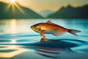 a fish is floating on the water with the sun setting behind it. AI-Generated photo