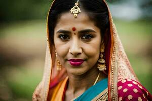 un mujer en tradicional sari poses para el cámara. generado por ai foto