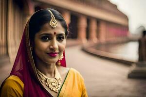 a woman in traditional indian attire poses for a portrait. AI-Generated photo