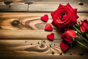 red roses and hearts on a wooden background. AI-Generated photo