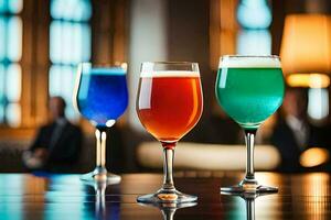 three glasses of different colored drinks on a table. AI-Generated photo