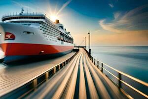 a cruise ship docked at a pier. AI-Generated photo