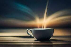 a cup of coffee on a table with a sunset in the background. AI-Generated photo