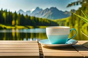 café taza en el mesa con lago y montañas en el antecedentes. generado por ai foto