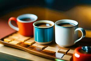 three cups of coffee on a wooden tray. AI-Generated photo