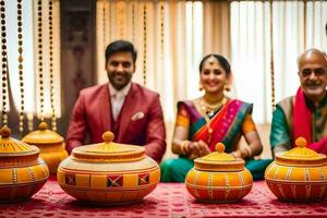 a couple and their family pose for a photo in front of colorful pots. AI-Generated