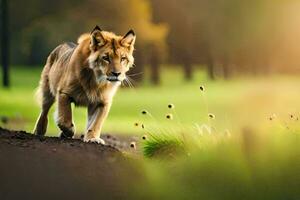 un león caminando en un camino en el césped. generado por ai foto