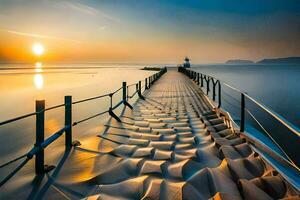 a pier with sand dunes and the sun setting. AI-Generated photo