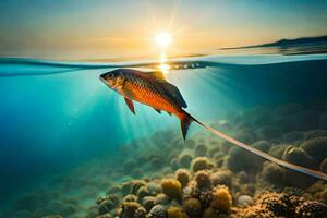 a fish swimming in the ocean with the sun setting behind it. AI-Generated photo