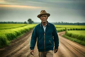 un más viejo hombre caminando abajo un suciedad la carretera. generado por ai foto