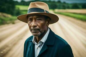 a man wearing a hat on a dirt road. AI-Generated photo