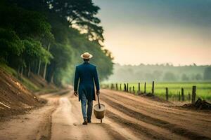 a man in a blue suit and hat walking down a dirt road. AI-Generated photo