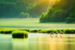 photo wallpaper the sky, grass, water, deer, the sun, the forest, the lake. AI-Generated