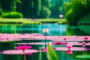 rosado loto flor en el agua con verde hojas. generado por ai foto