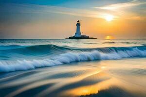 the sun rises over a lighthouse on the beach. AI-Generated photo