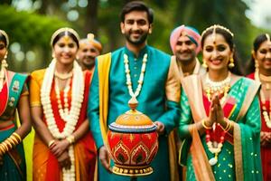 indian wedding party with bride and groom. AI-Generated photo