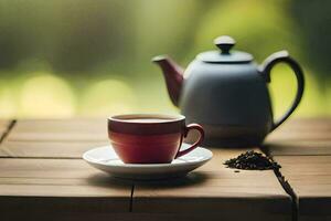 un taza de té y un tetera en un de madera mesa. generado por ai foto