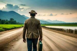 un hombre en un sombrero y chaqueta caminando abajo un suciedad la carretera con un maleta. generado por ai foto