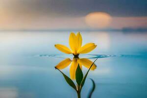 a single yellow flower is reflected in the water. AI-Generated photo