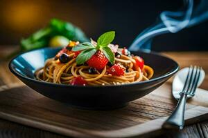 spaghetti with tomatoes and basil on a wooden table. AI-Generated photo