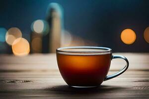 un taza de té en un de madera mesa con ciudad luces en el antecedentes. generado por ai foto