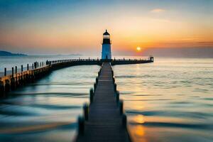 a lighthouse stands on a pier at sunset. AI-Generated photo