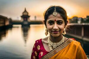 a beautiful indian woman in a sari poses for the camera. AI-Generated photo