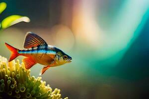 a fish is sitting on top of a plant. AI-Generated photo