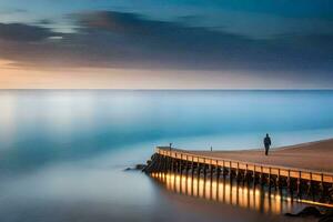 un hombre camina a lo largo un muelle a puesta de sol. generado por ai foto