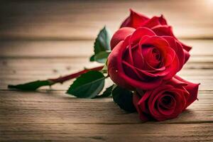 red roses on a wooden table. AI-Generated photo