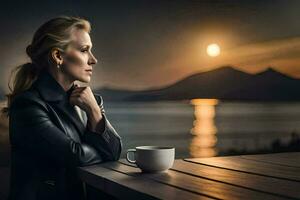 un mujer sentado a un mesa con un taza de café y un ver de el océano. generado por ai foto