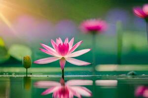 pink lotus flower in the water with the sun shining. AI-Generated photo